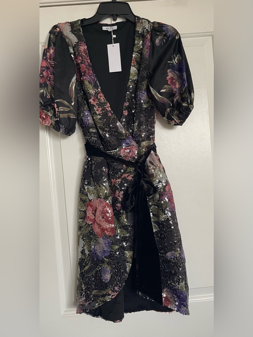 Black Floral Sequin High-Low Wrap Dress with Velvet Tie